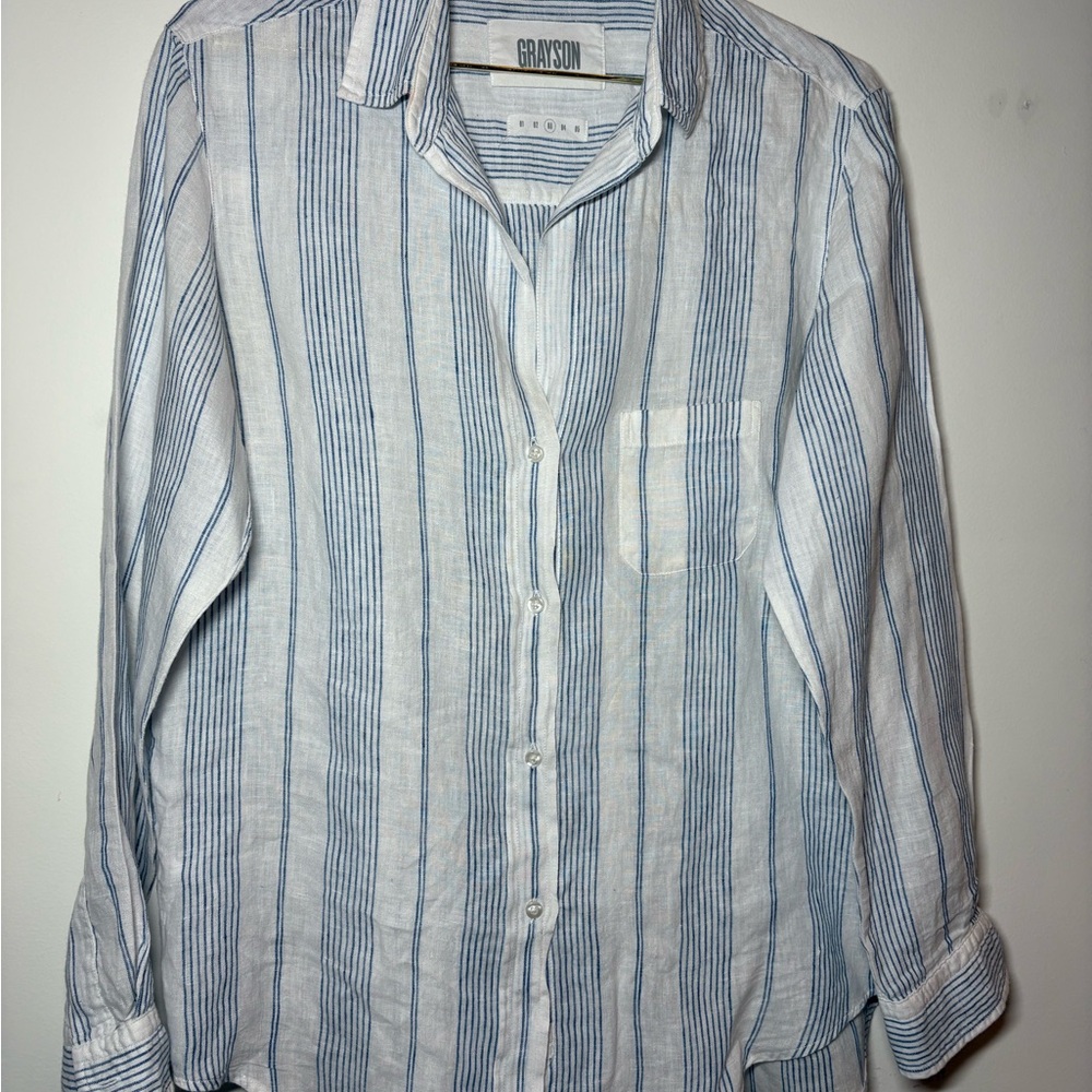 Grayson Women's Blue Striped Linen Button Down Shirt - fits sizes S-M